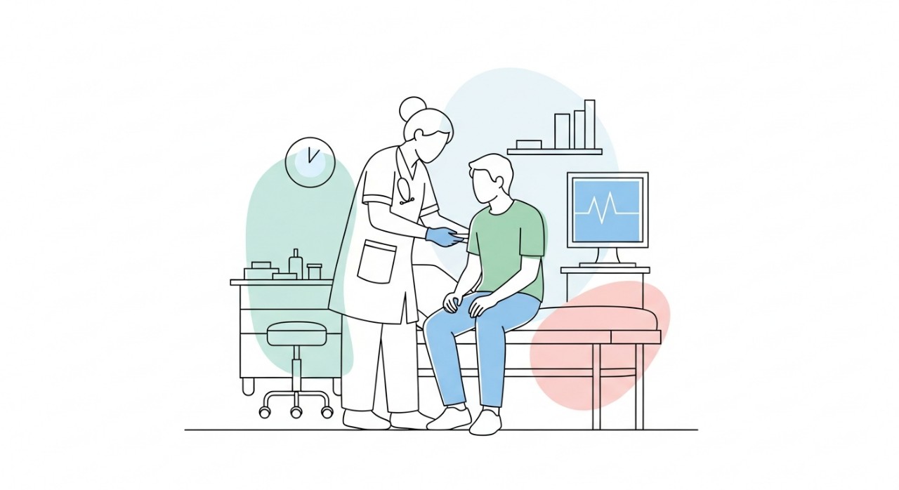 Seorang jururawat sedang memeriksa dan memberikan rawatan kepada seorang pesakit di dalam bilik rawatan klinik.