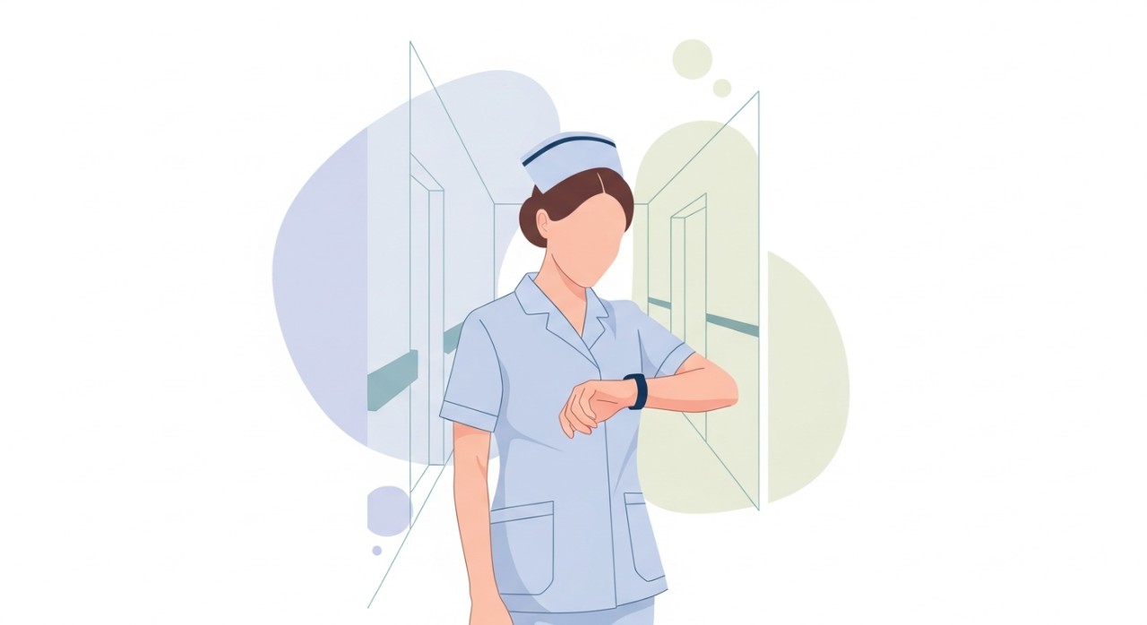 Masa Operasi Hospital Kanowit 2026: Jadual Terkini 1 Seorang jururawat sedang melihat jam tangan sambil memegang fail pesakit di koridor hospital.