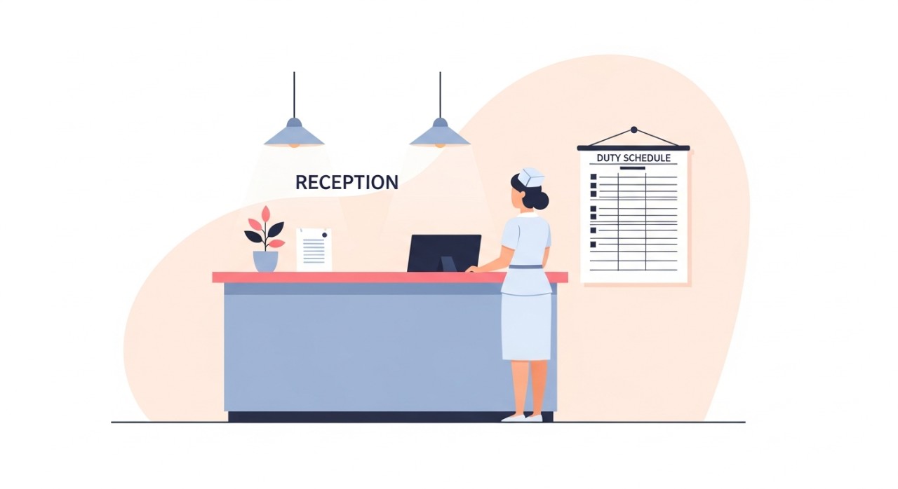 Masa Operasi Klinik Kesihatan Kepong 2026: Jadual Terperinci 1 Seorang jururawat sedang melihat papan jadual waktu bertugas di kaunter utama penerimaan klinik.