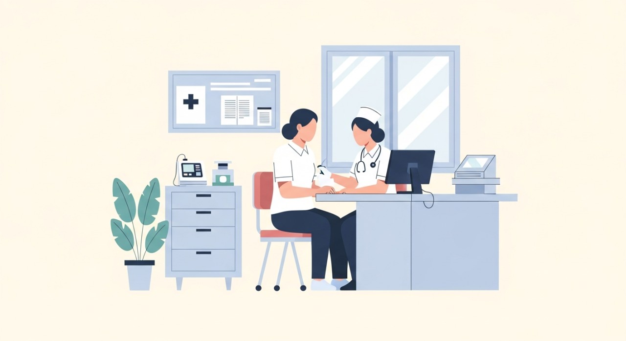 Masa Operasi Klinik Desa Selama 2026: Jadual Terkini dan Perkhidmatan Utama 1 Seorang jururawat berbaju putih sedang memeriksa seorang pesakit di dalam bilik rawatan klinik.