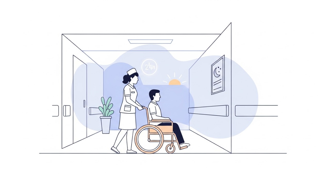 Seorang jururawat sedang membantu seorang pesakit yang duduk di kerusi roda di koridor hospital