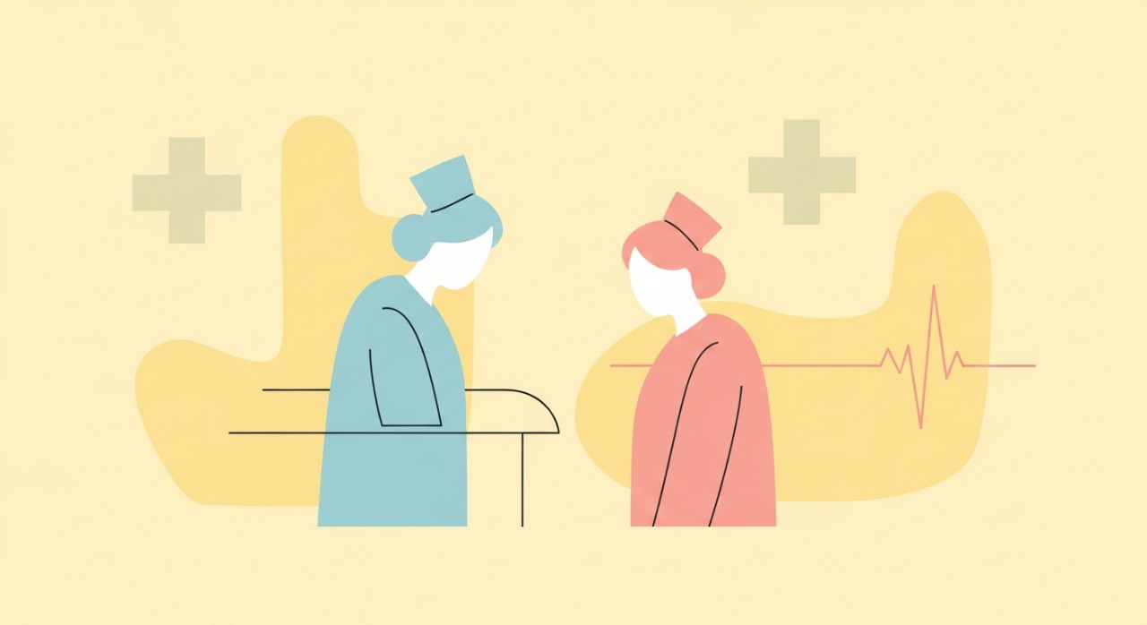 Seorang jururawat sedang berbincang dengan pesakit di kaunter pendaftaran klinik.