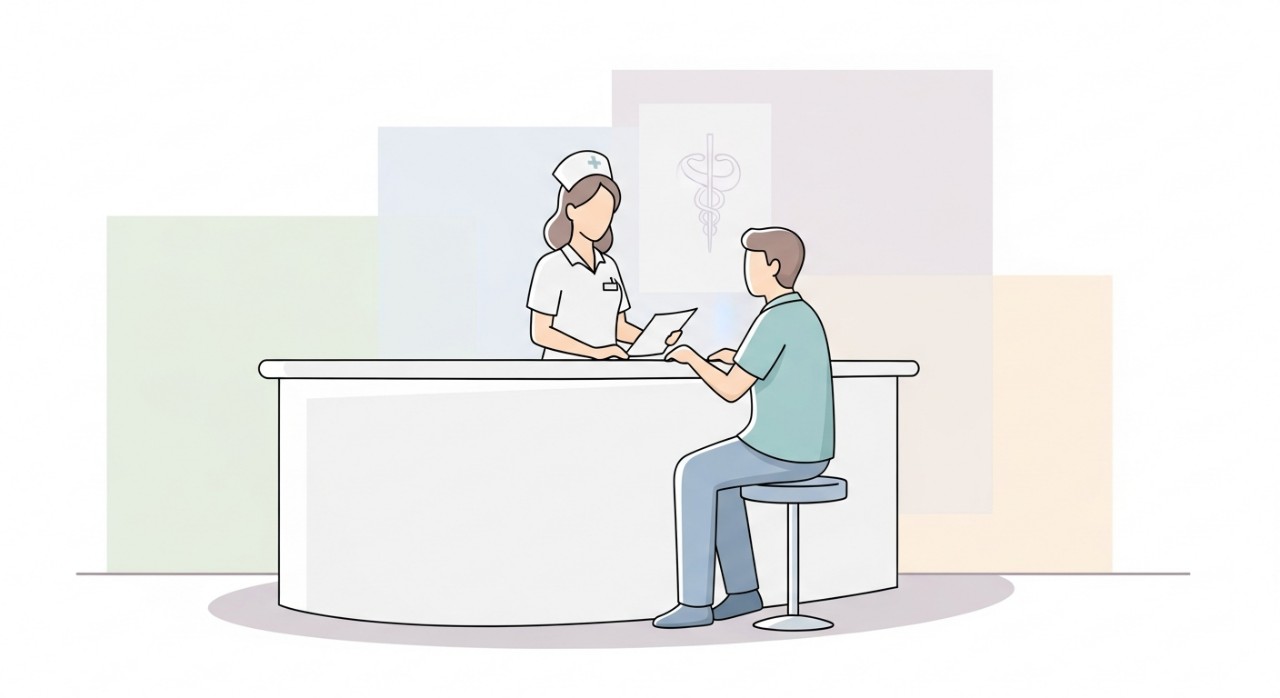 Seorang jururawat sedang berinteraksi dengan pesakit di kaunter pendaftaran klinik.