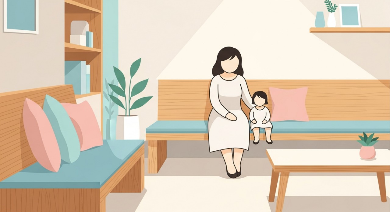 Seorang wanita bersama anaknya sedang duduk di ruang menunggu klinik yang selesa dan tenang.