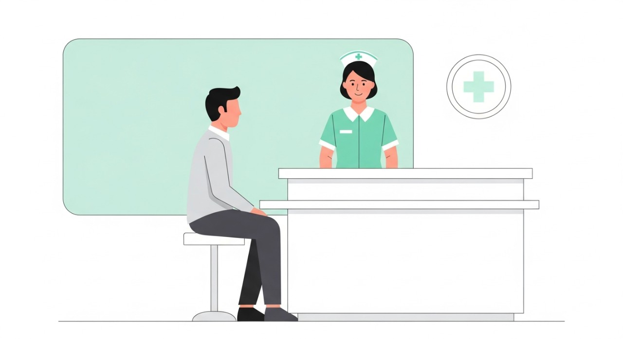 Seorang jururawat sedang melayan pesakit di kaunter pendaftaran utama klinik.