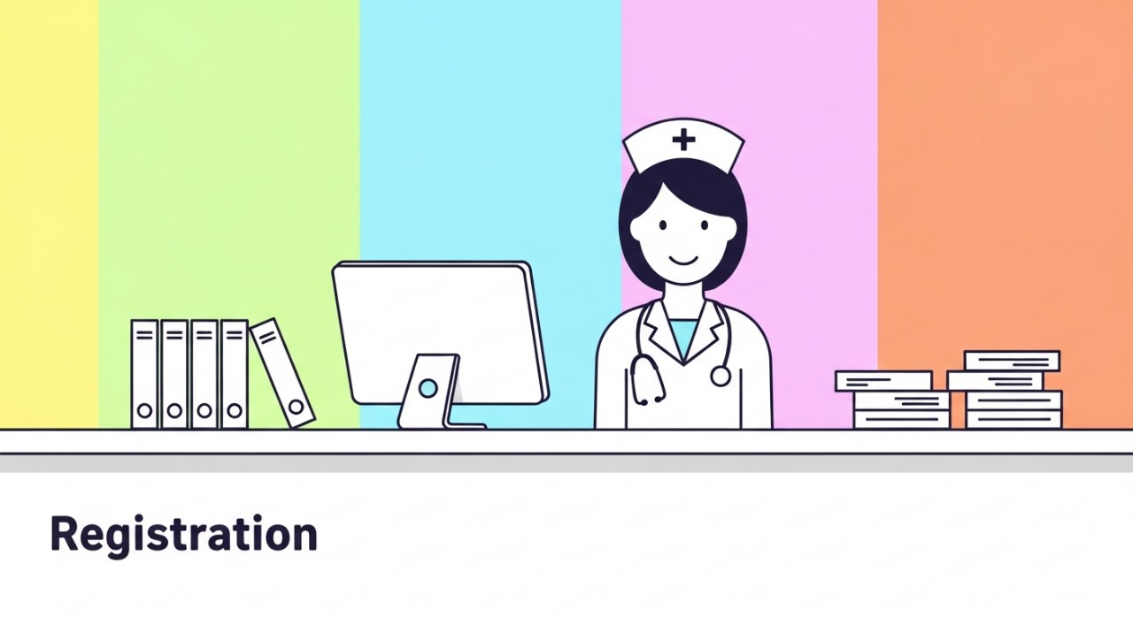 Seorang jururawat sedang berinteraksi dengan pesakit di kaunter pendaftaran klinik.