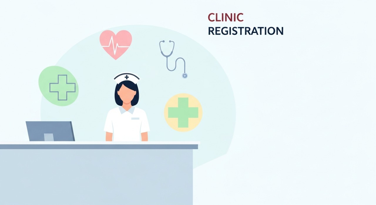 Seorang jururawat sedang melayan pendaftaran pesakit di kaunter klinik yang bersih.