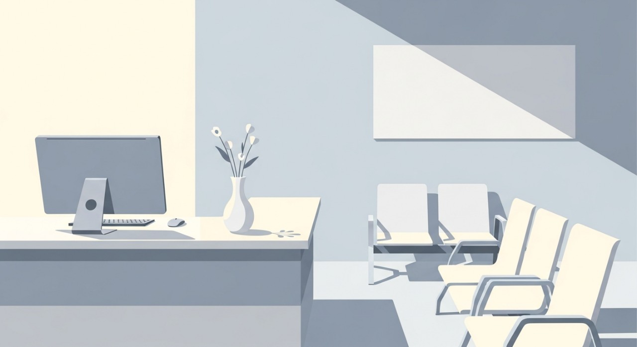 Pemandangan dalaman yang bersih dan minimalist kaunter penerimaan atau pendaftaran di sebuah klinik.