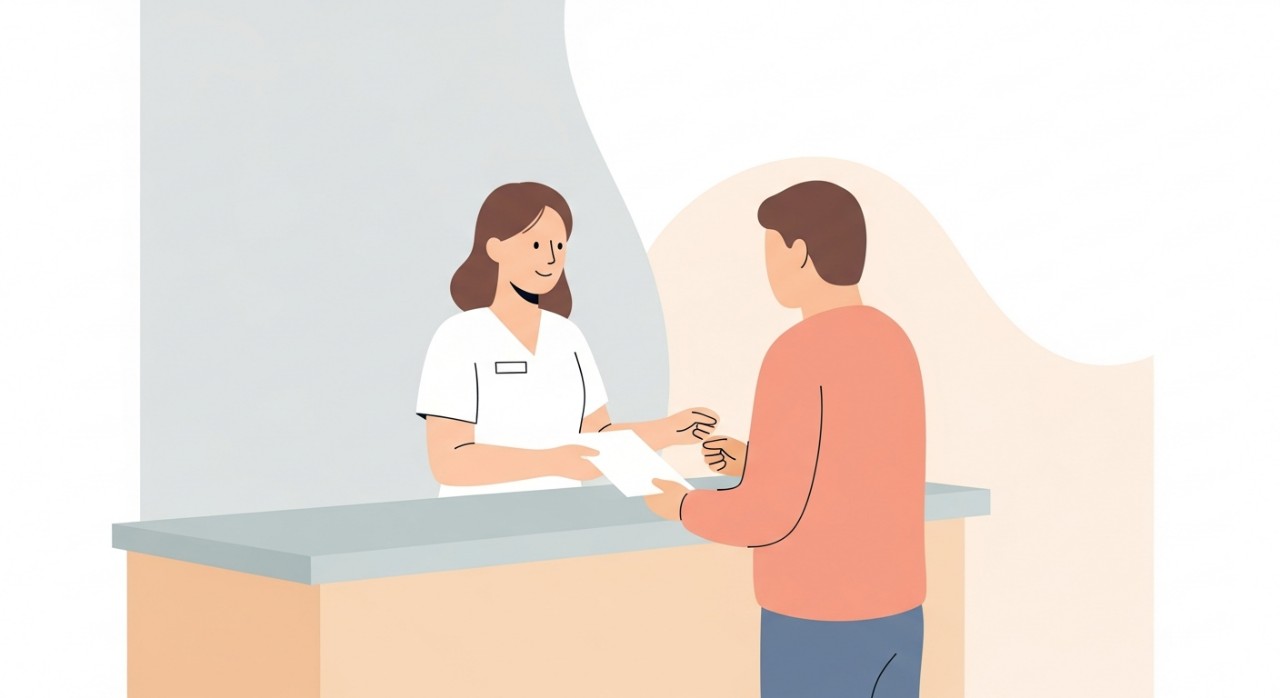 Seorang staf kesihatan sedang melayani pendaftaran pesakit di kaunter.