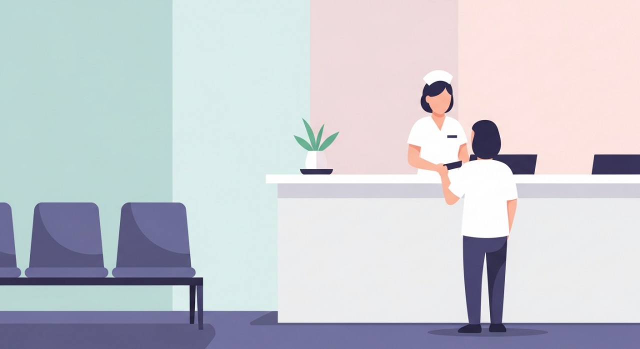 Kakitangan kesihatan sedang melayani pesakit di kaunter pendaftaran utama klinik.