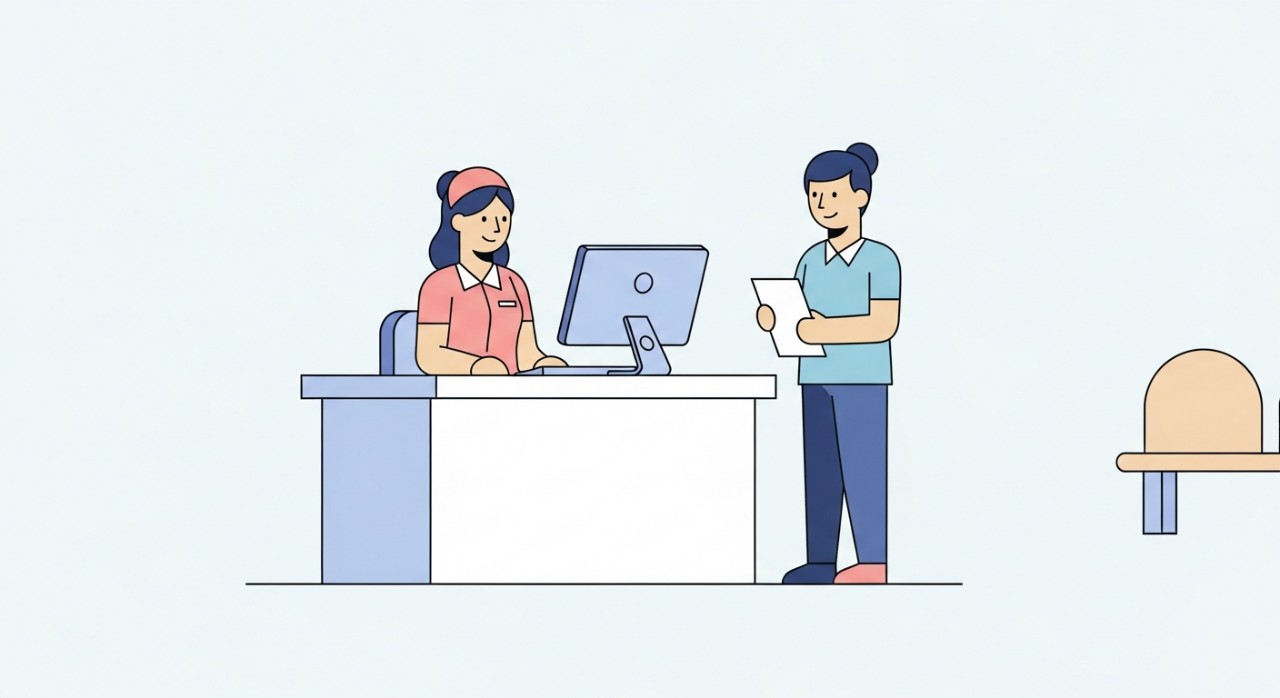 Seorang petugas kesihatan di kaunter penerimaan sedang melayani seorang pesakit yang ingin mendaftar.