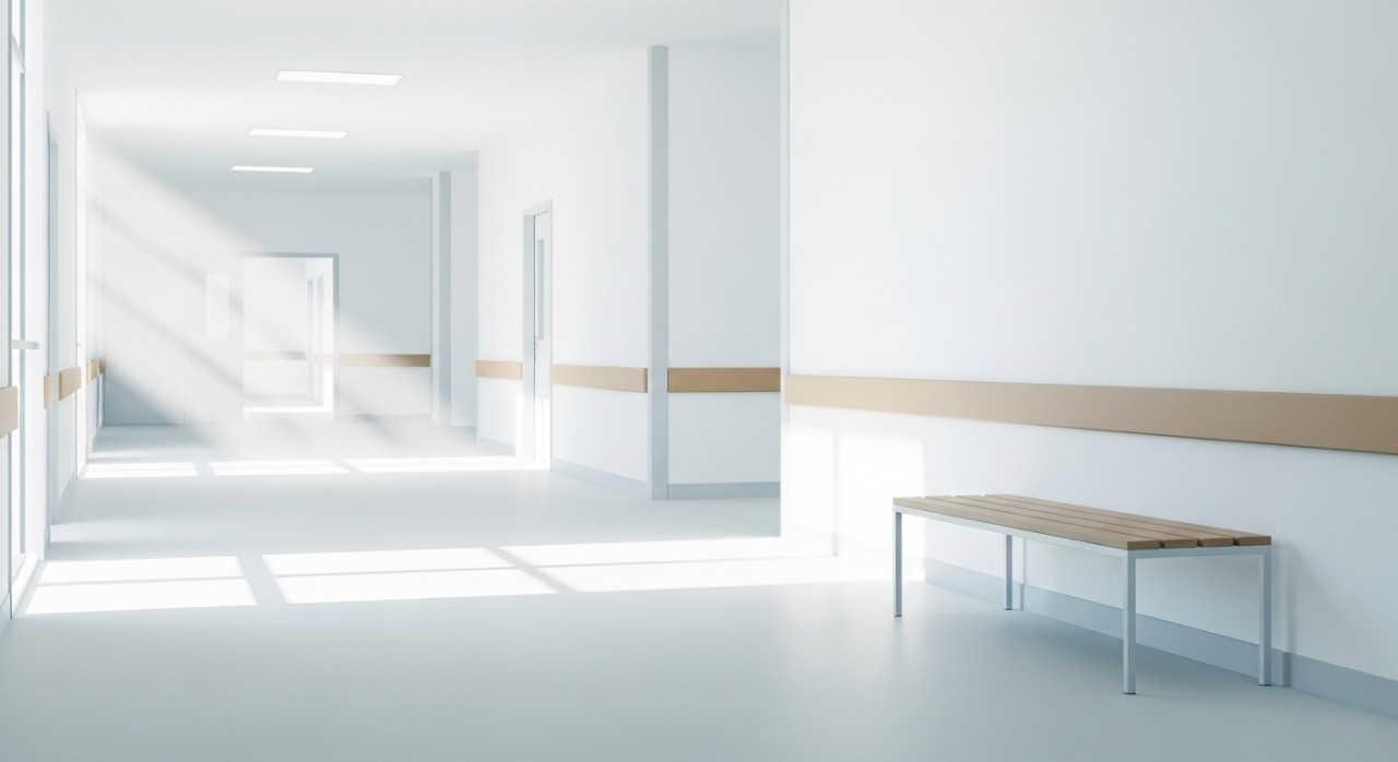 Koridor hospital yang sunyi dan bersih dengan satu kerusi menunggu.