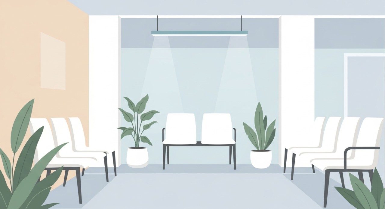 Ruang menunggu hospital yang bersih dengan kerusi kosong, meja kecil, dan pencahayaan lembut.