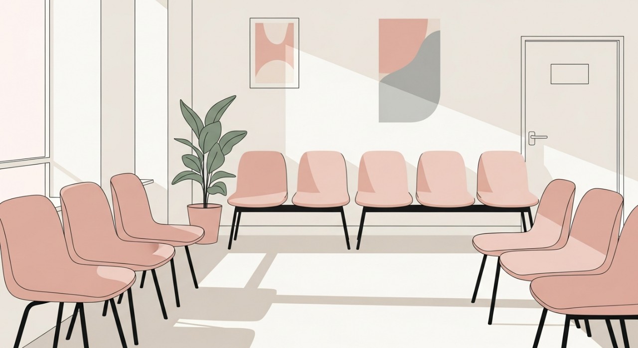 Ruang menunggu yang ringkas dengan beberapa kerusi kosong berwarna pastel di dalam klinik.