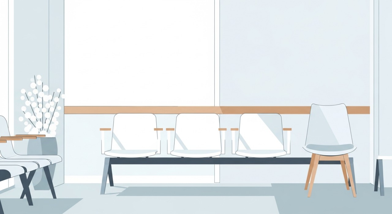 Ruang menunggu klinik yang bersih dengan beberapa kerusi moden dan meja kecil.