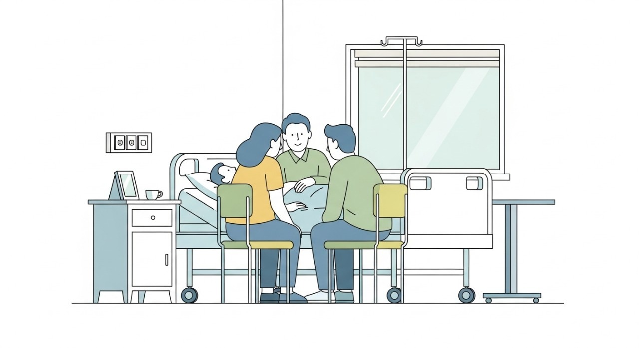 Masa Melawat Pantai Community Hospital Terkini 2026 1 Dua orang ahli keluarga sedang duduk di sisi katil pesakit di dalam wad hospital.