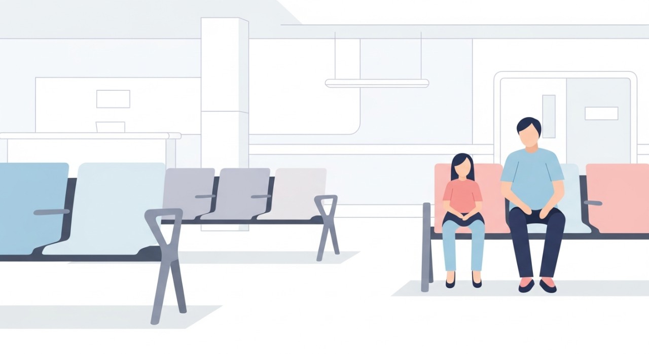 Sekumpulan ahli keluarga duduk dengan tenang di kawasan menunggu lobi hospital.