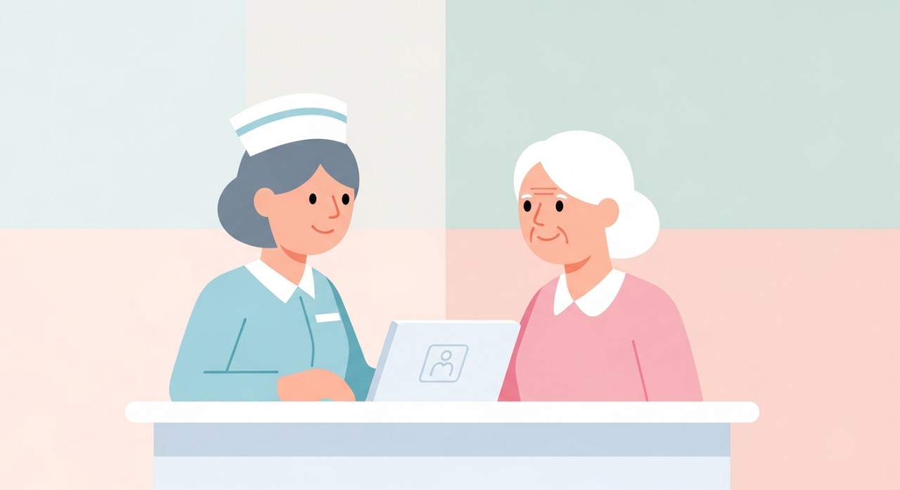 Seorang jururawat sedang memberikan penerangan tentang perkhidmatan kepada seorang pesakit di kaunter pendaftaran.