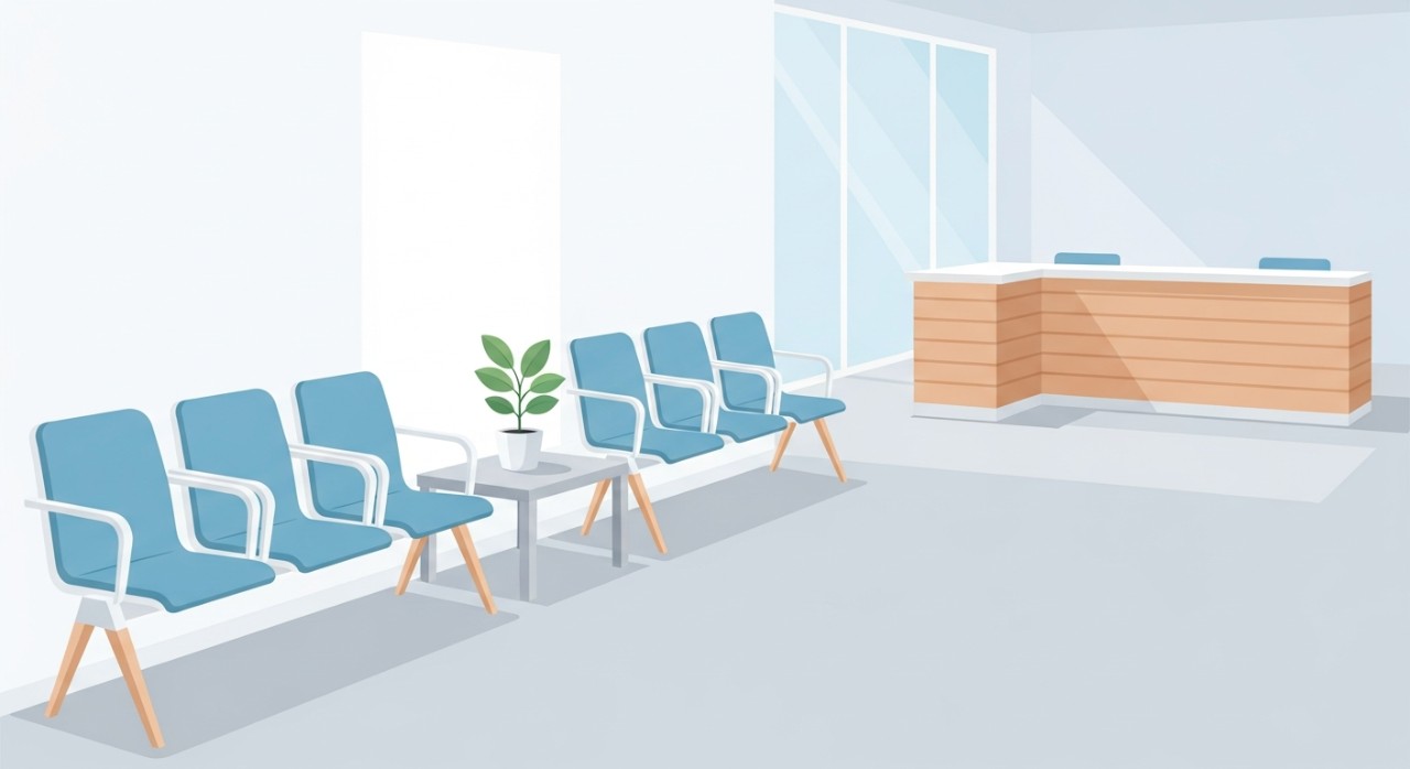 Ruang menunggu klinik yang kemas dengan kerusi minimalis dan dekorasi yang menenangkan.