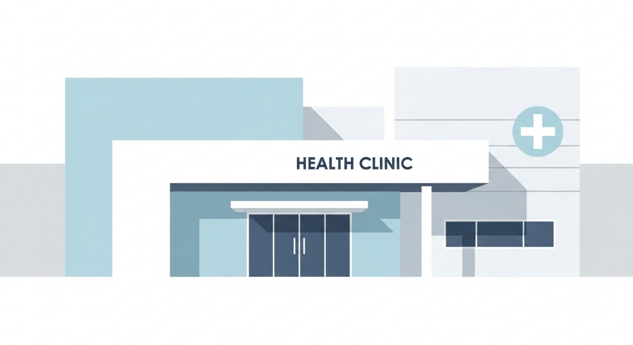 Pandangan hadapan sebuah bangunan Klinik Kesihatan yang moden dan bersih.