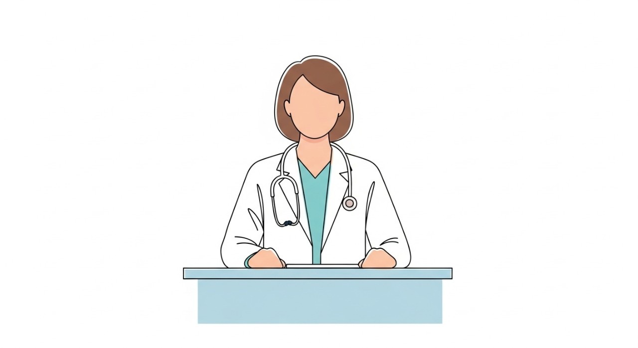 Seorang doktor atau jururawat sedang tersenyum berdiri di kaunter penerimaan klinik yang bersih.