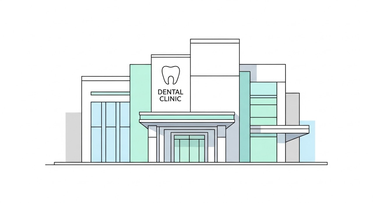 Bahagian hadapan bangunan Klinik Pergigian dengan reka bentuk moden dan profesional.