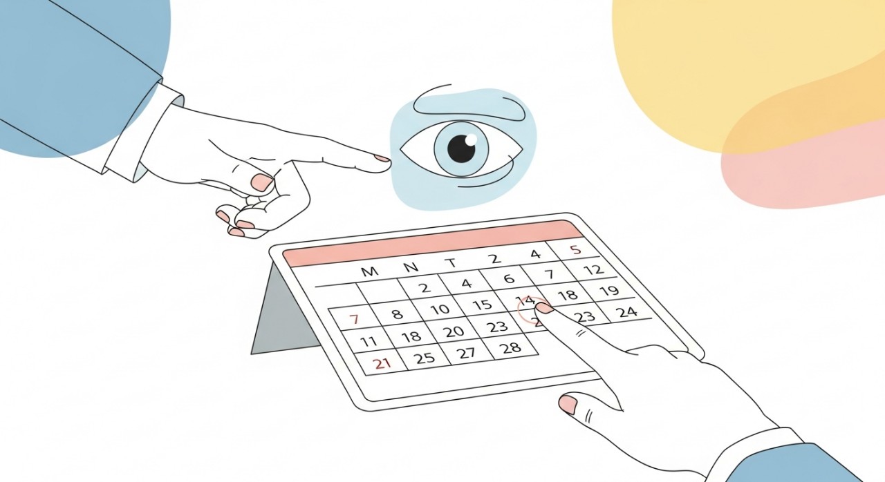 Masa Operasi Klinik Pakar Mata Optimax TTDI Terkini 2026 2 Dua tangan berinteraksi dengan kalendar digital dan ikon mata, melambangkan proses penetapan temujanji.