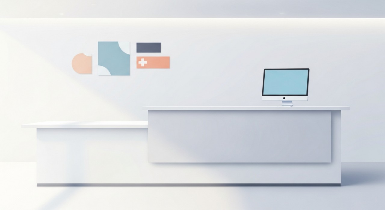 Kaunter pendaftaran yang kosong di dalam lobi klinik kesihatan.