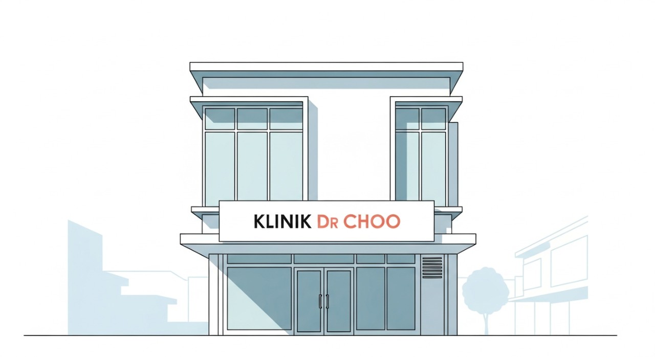Pintu masuk hadapan Klinik Dr Choo dengan papan tanda nama yang mudah dibaca.
