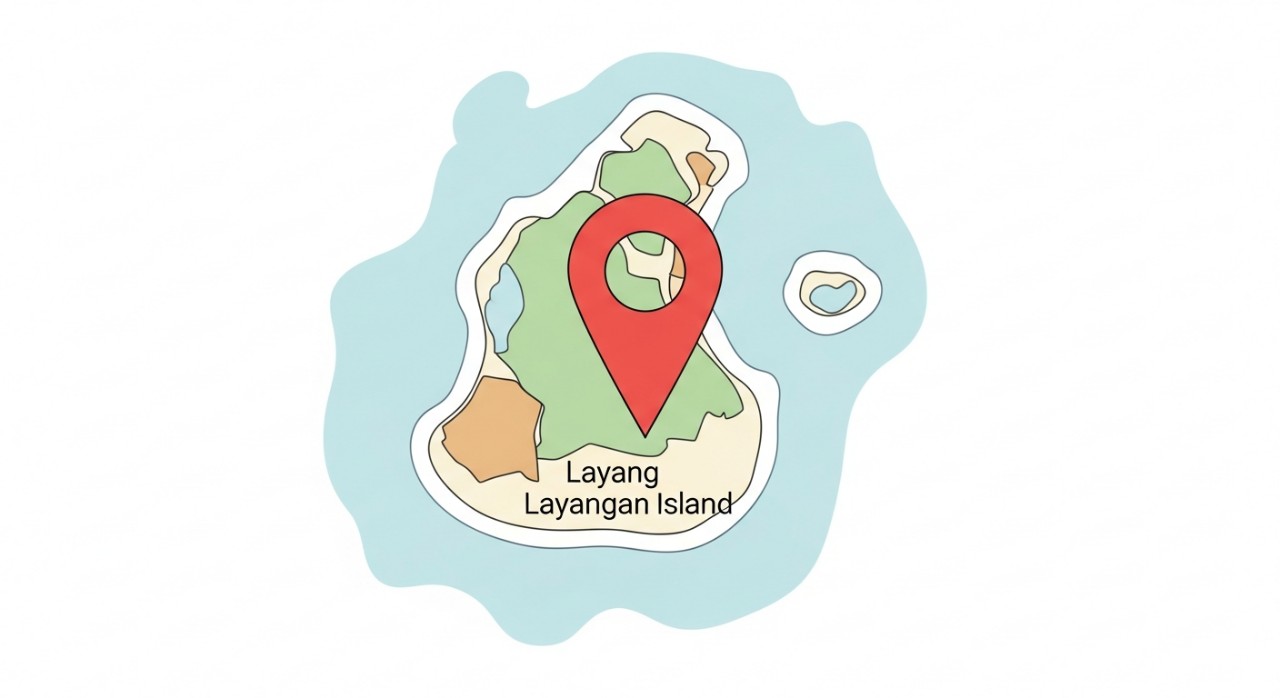 Ikon penunjuk lokasi peta (pin) diletakkan di atas peta kepulauan yang abstrak.