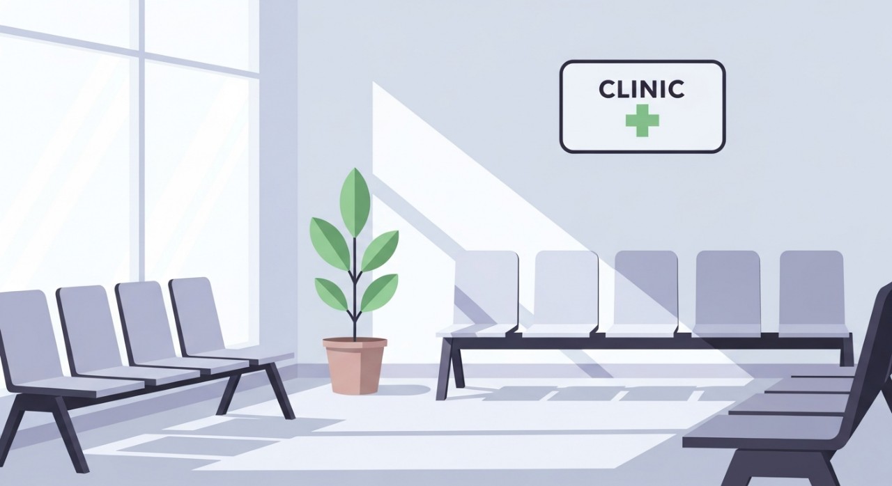 Ruang menunggu yang bersih dan teratur di dalam sebuah klinik kesihatan dengan beberapa kerusi dan meja.