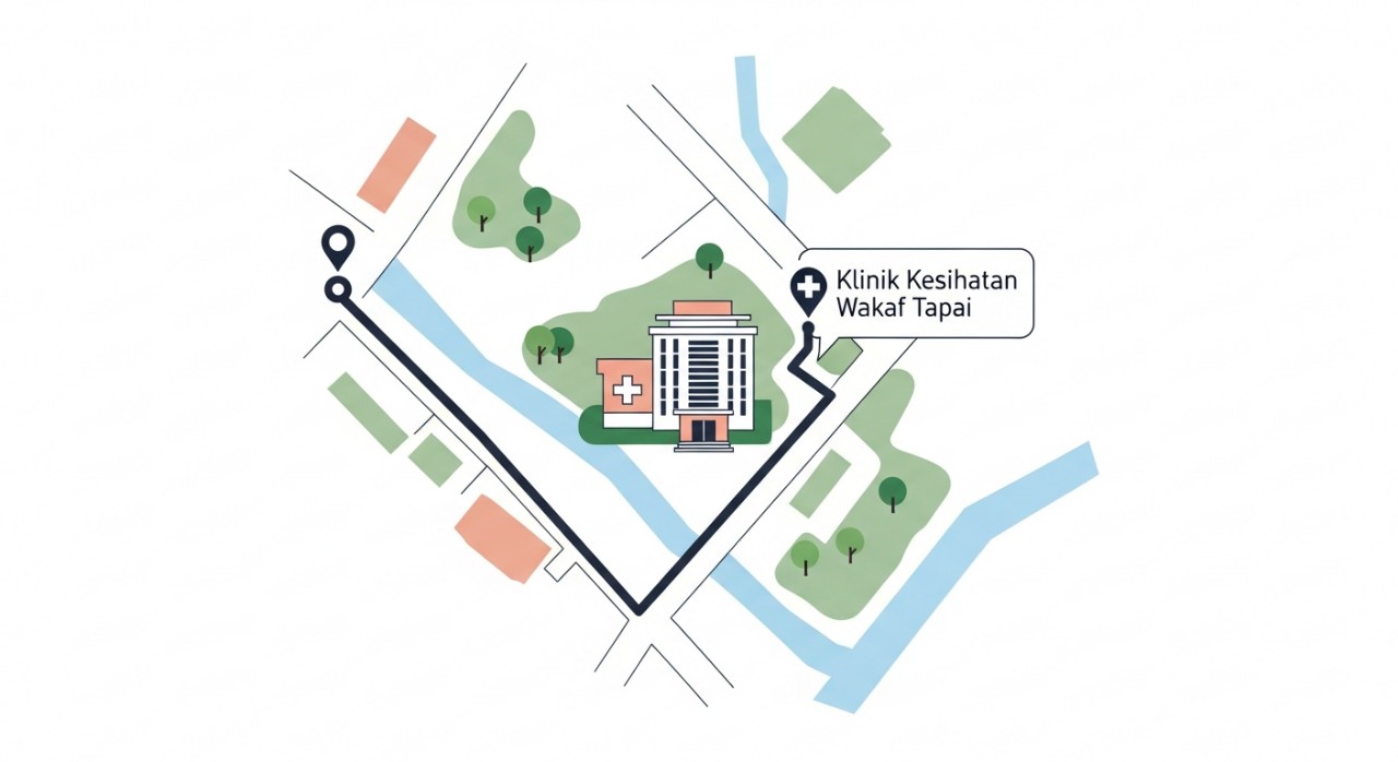 Peta ringkas menunjukkan laluan ke lokasi Klinik Kesihatan Wakaf Tapai dengan ikon bangunan yang jelas.