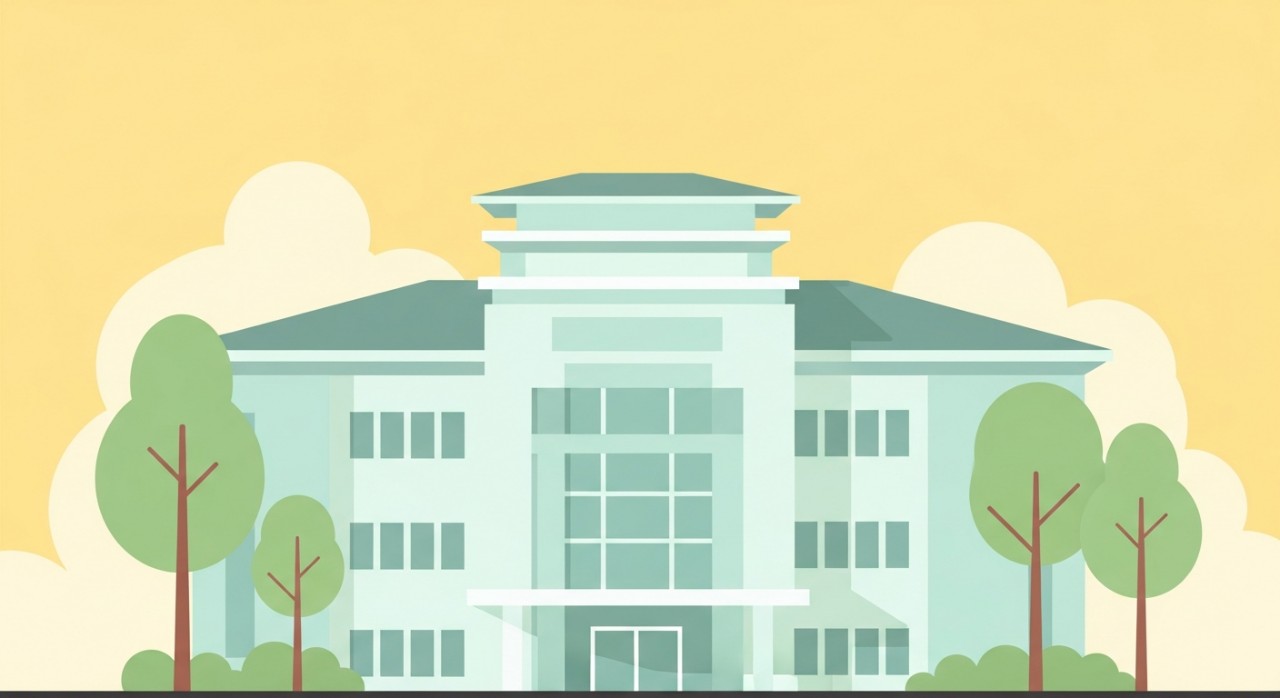 Gambaran depan bangunan Klinik Kesihatan Kota Belud dengan latar langit cerah dan sedikit pokok.