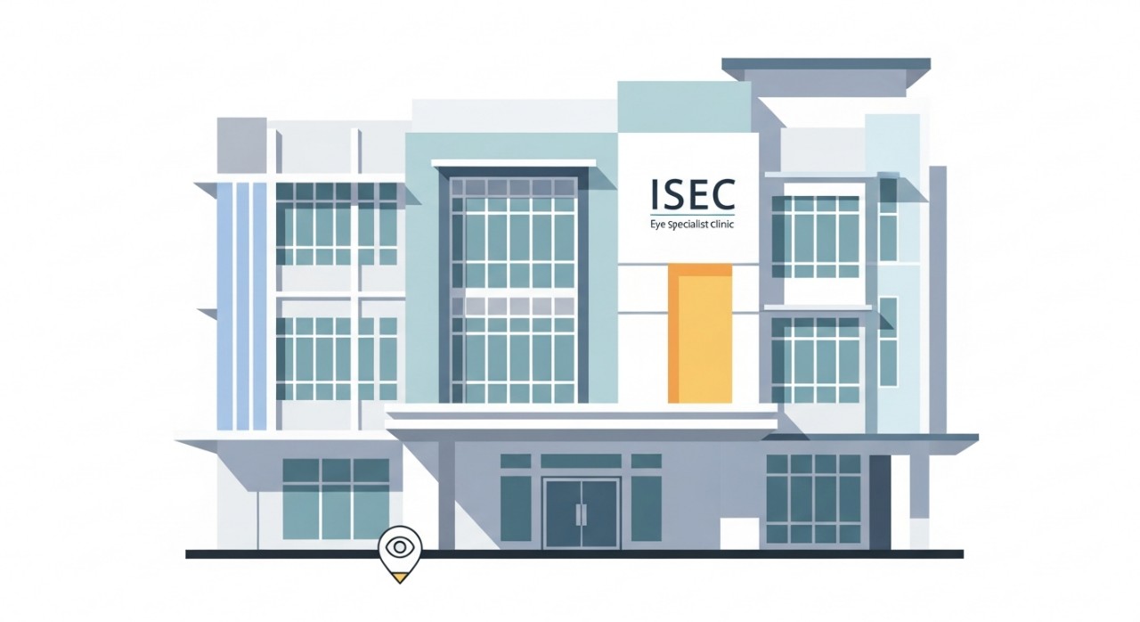 Masa Operasi Klinik Pakar Mata ISEC Sibu 2026 2 Pemandangan luar bangunan klinik pakar mata ISEC di Sibu dengan lambang mata yang ringkas di hadapan.