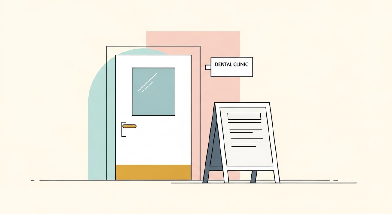 Masa Operasi Klinik Pergigian White dan Gold 2026 Terkini 1 Pintu hadapan klinik pergigian yang bersih dan berlampu terang.