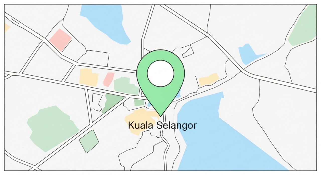 Masa Operasi Klinik Mediviron Kuala Selangor 2026 Terkini 2 Ikon pin lokasi di atas peta ringkas kawasan Kuala Selangor.