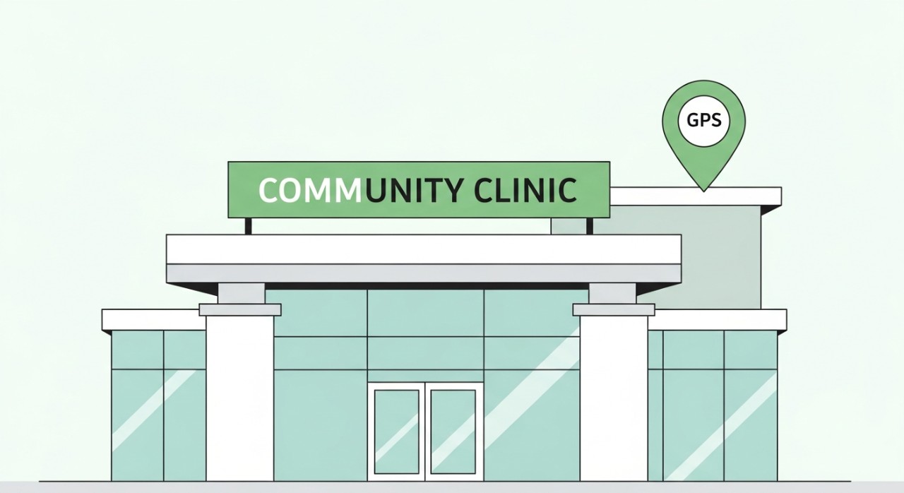 Pemandangan luar hadapan bangunan Klinik Komuniti yang mudah dikenali.