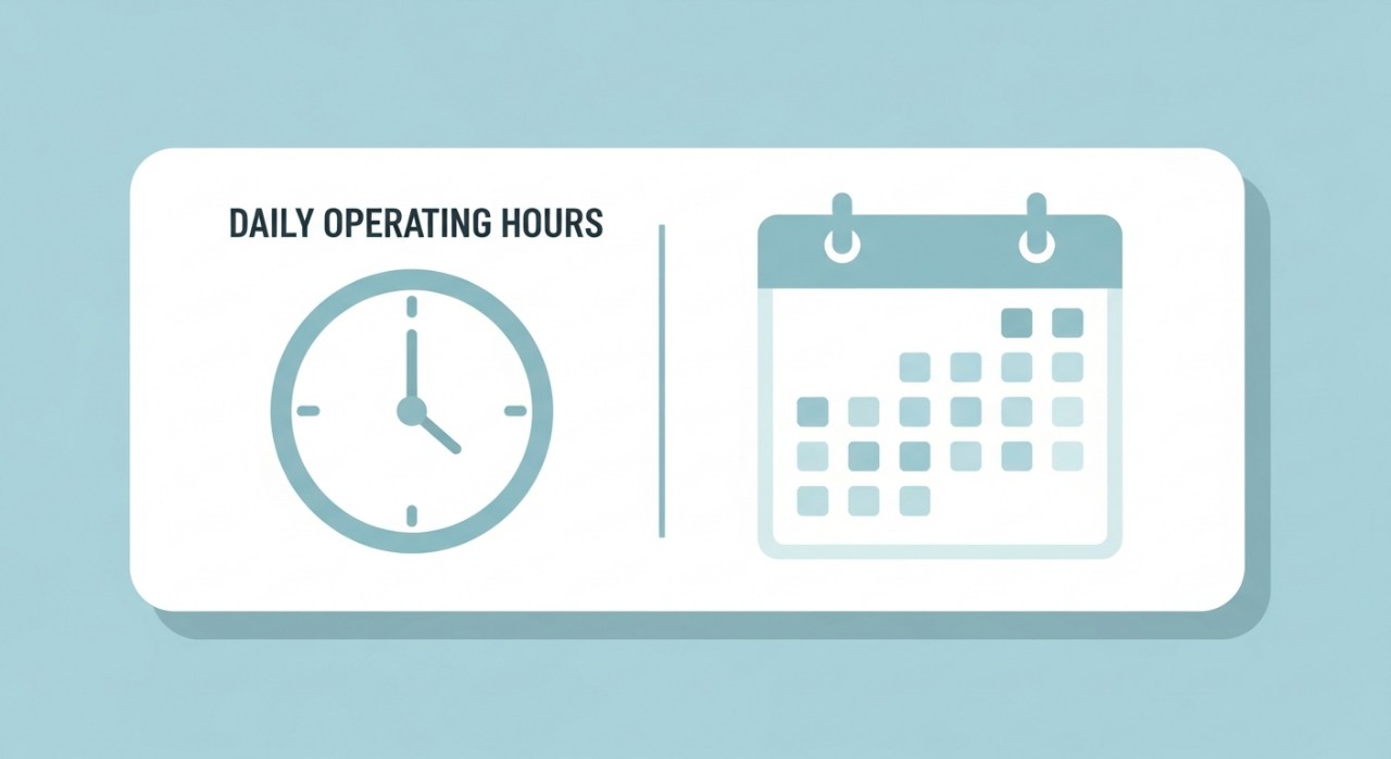 Papan tanda digital 'Buka' dan 'Tutup' dengan senarai waktu operasi yang tertera jelas untuk rujukan harian.