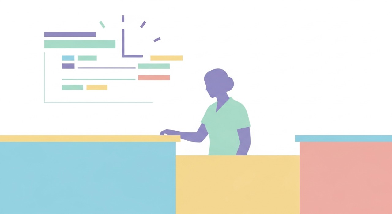 Seorang kakitangan hospital sedang memberikan maklumat di kaunter pertanyaan dengan latar belakang jam dinding