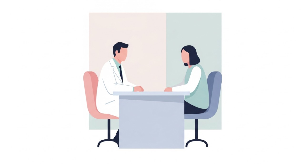 Seorang doktor sedang berbincang dengan pesakit di bilik konsultasi.