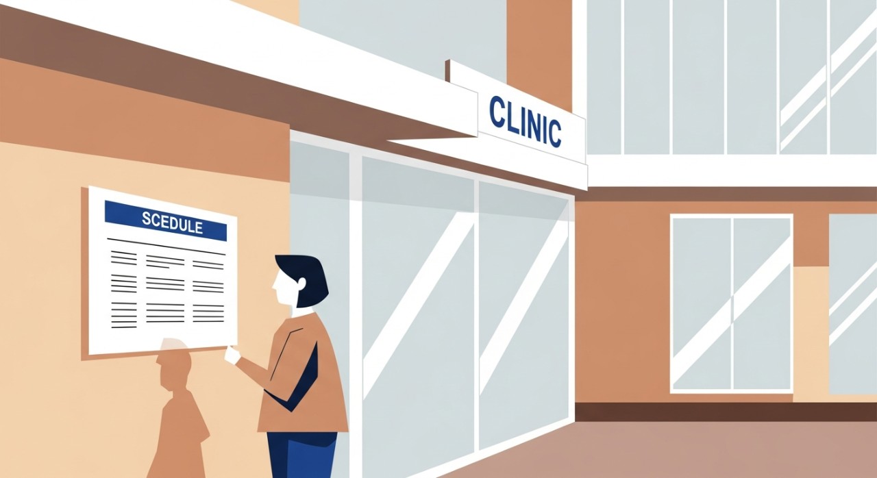 Seorang individu berdiri di hadapan pintu masuk klinik, sedang melihat jadual waktu yang dipaparkan pada dinding.