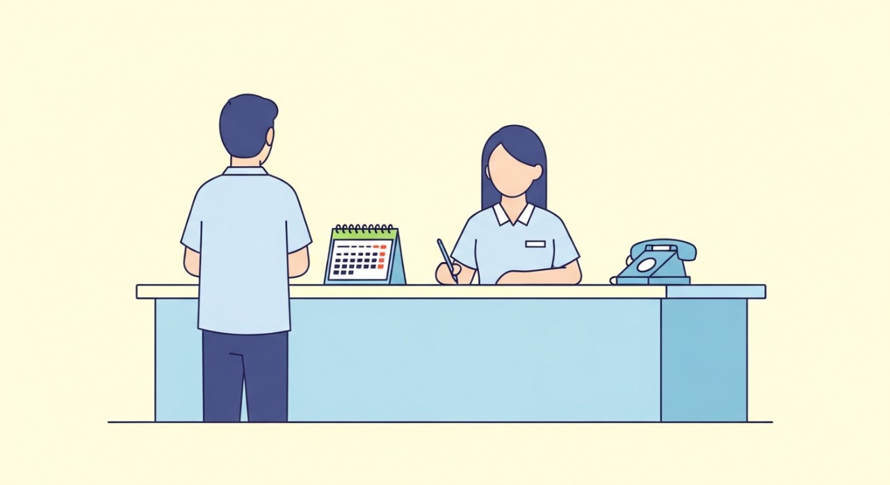 Seorang pesakit sedang berbincang dengan penyambut tetamu untuk membuat janji temu rawatan gigi.