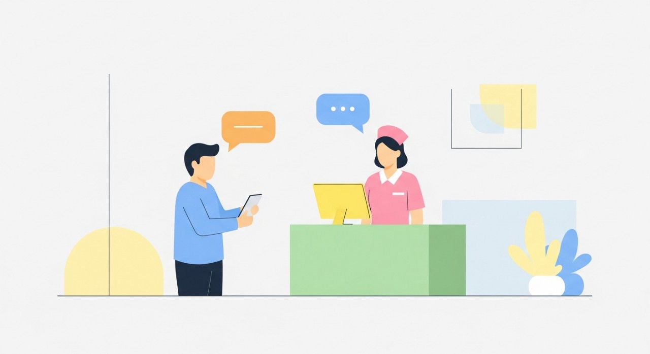 Seorang pesakit sedang berinteraksi dengan petugas di kaunter pendaftaran klinik.