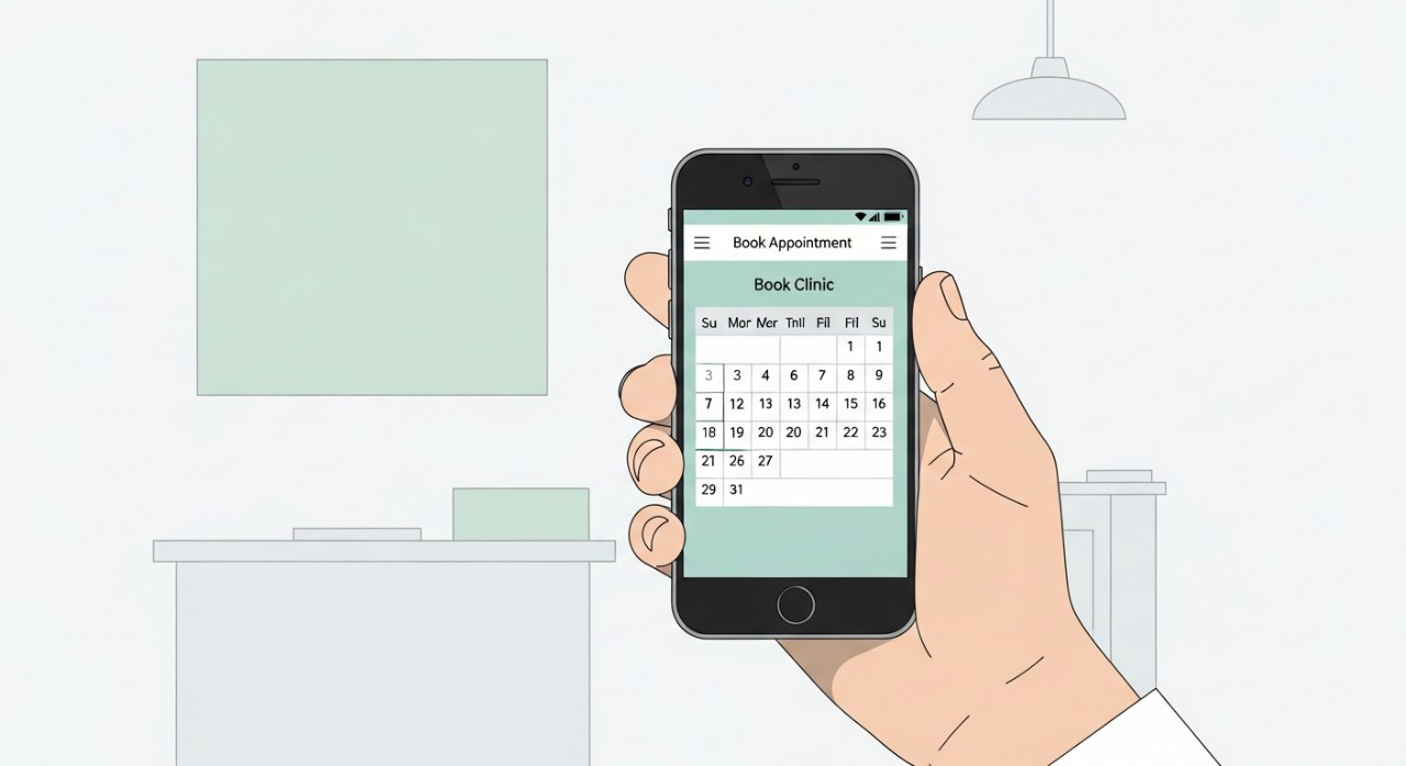 Tangan memegang telefon pintar yang memaparkan kalendar untuk menyemak waktu temu janji klinik.