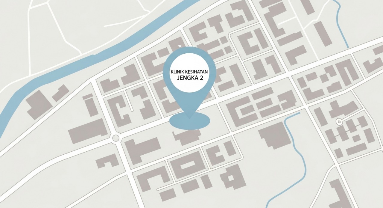 Simbol penunjuk lokasi peta diletakkan di atas peta ringkas kawasan Jengka, menunjukkan kedudukan klinik.