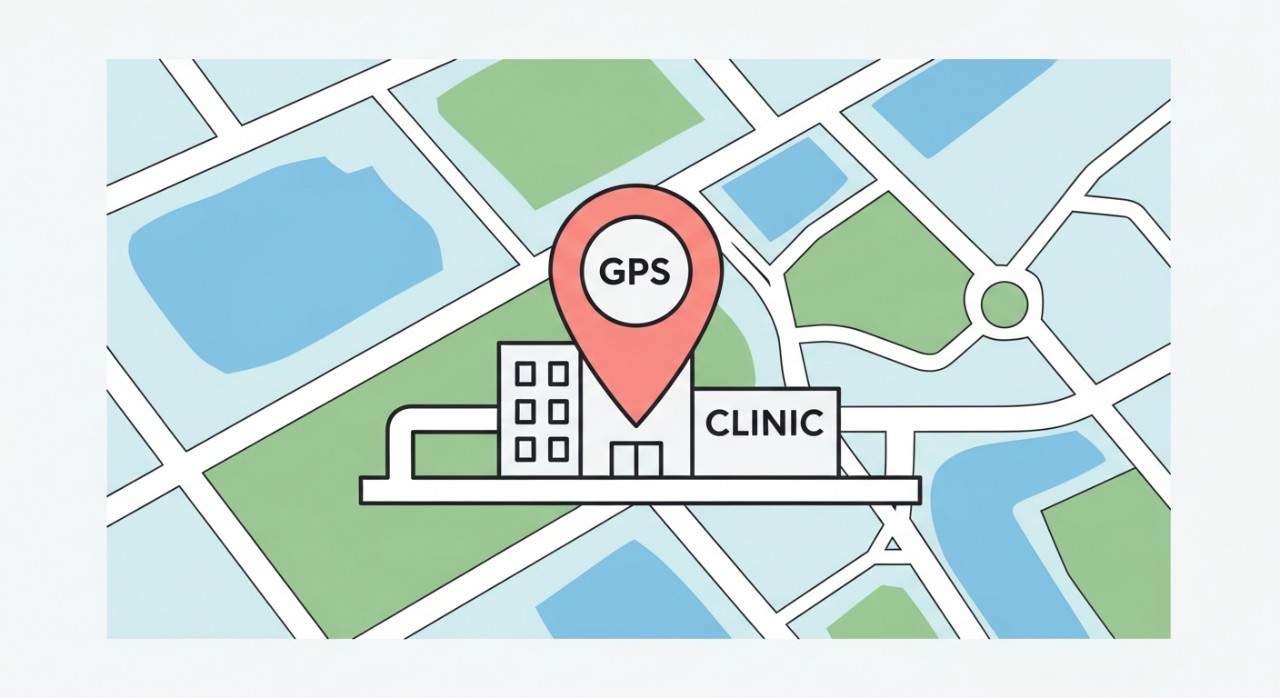 Peta dengan penanda lokasi GPS menuju bangunan klinik kesihatan.