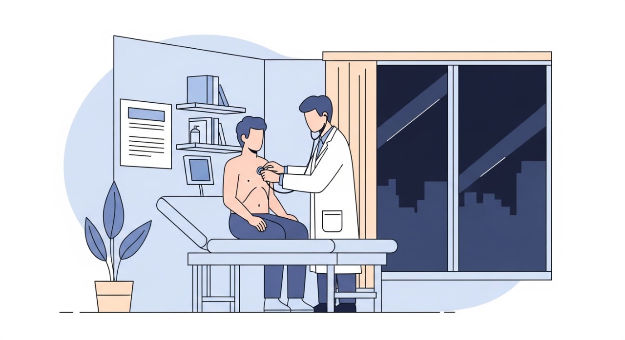 Senarai Klinik 24 Jam Klang & Masa Operasi Terkini 2026 1 Seorang doktor sedang memeriksa pesakit di bilik rawatan, di luar tingkap kelihatan gelap menunjukkan waktu malam.