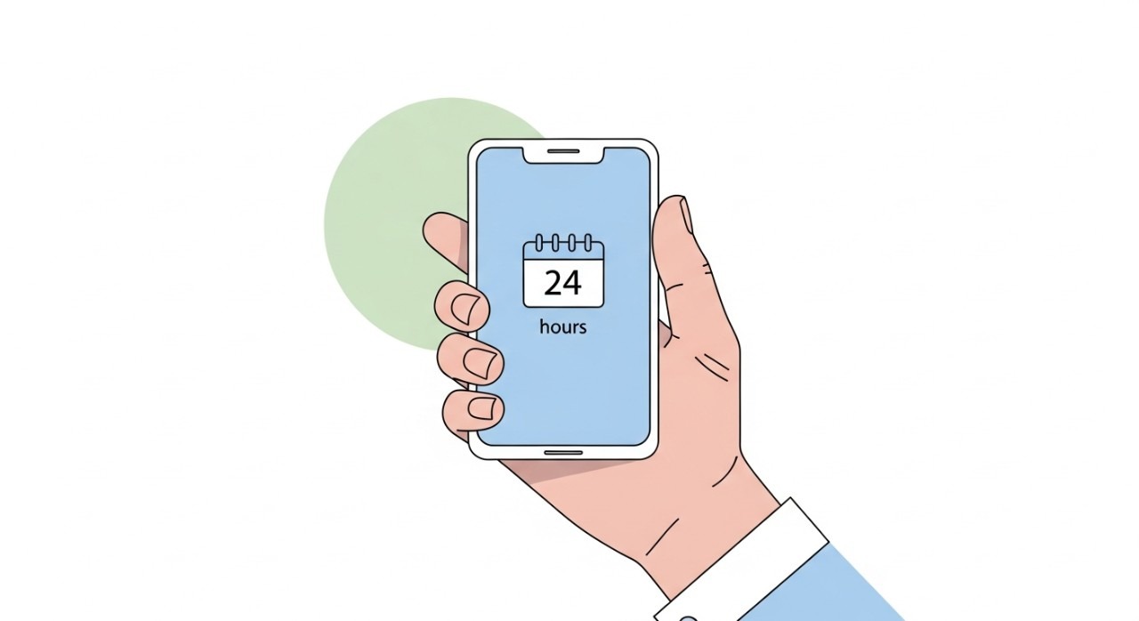 Seorang individu sedang memeriksa maklumat jadual waktu operasi klinik pada skrin telefon pintar.