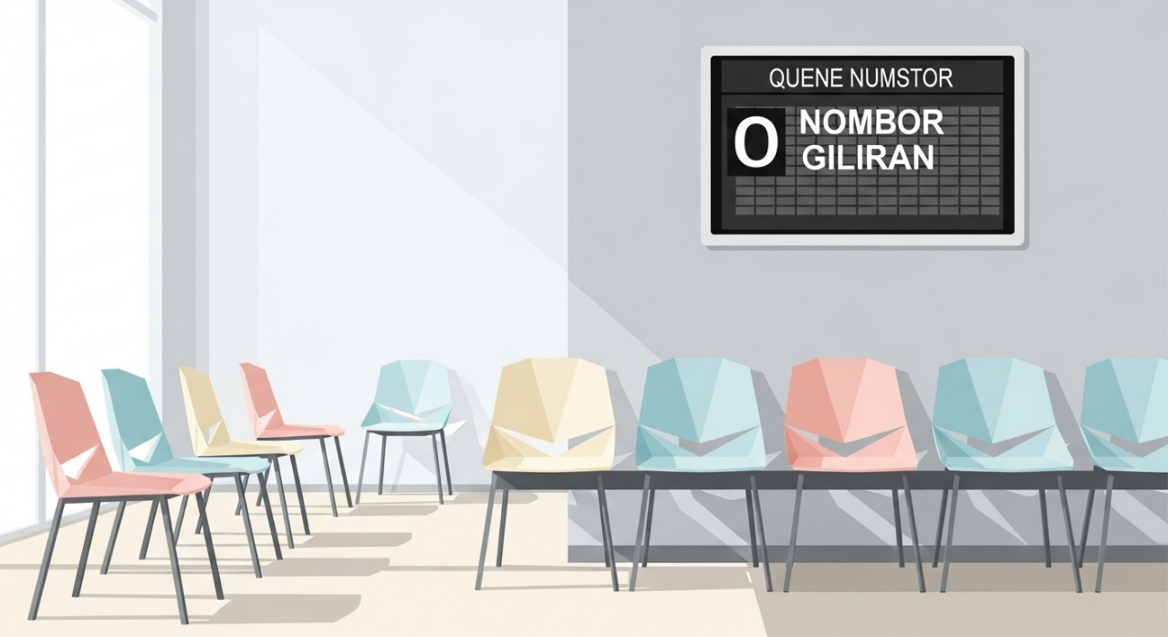 Suasana tenang di ruang menunggu pesakit sambil melihat nombor giliran di skrin digital.