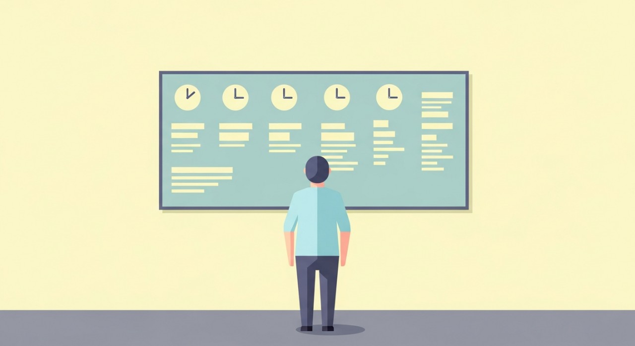 Seseorang sedang melihat papan tanda jadual waktu operasi klinik yang tertera di dinding.